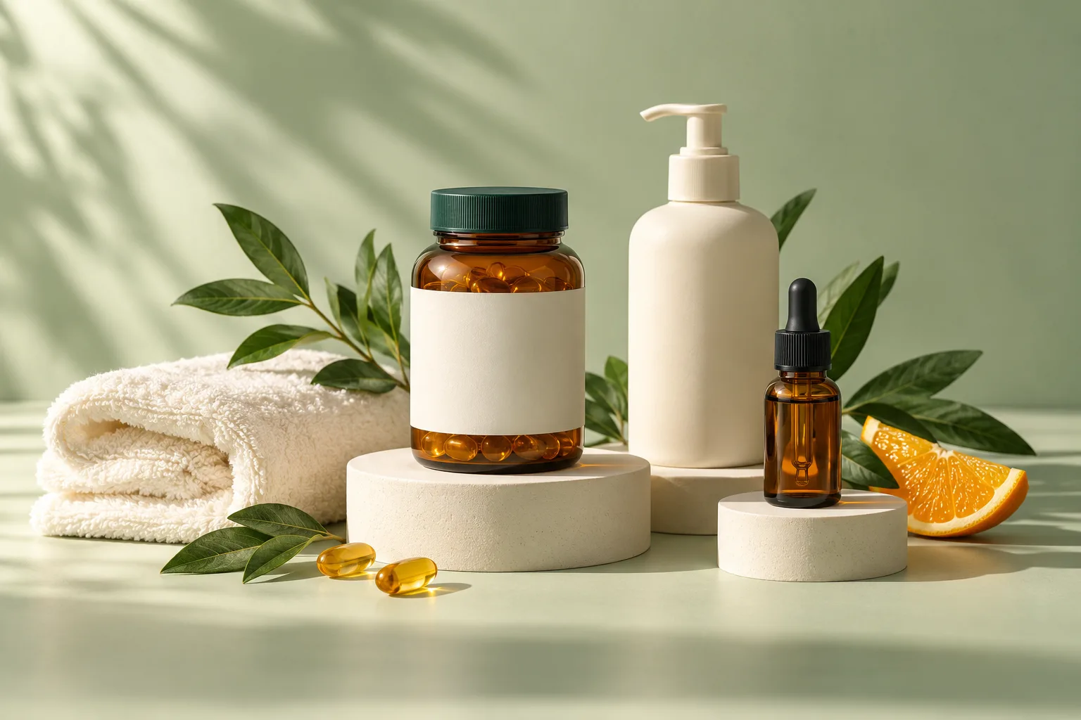 Vitamines en verzorgingsproducten met een zachte handdoek en groene bladeren